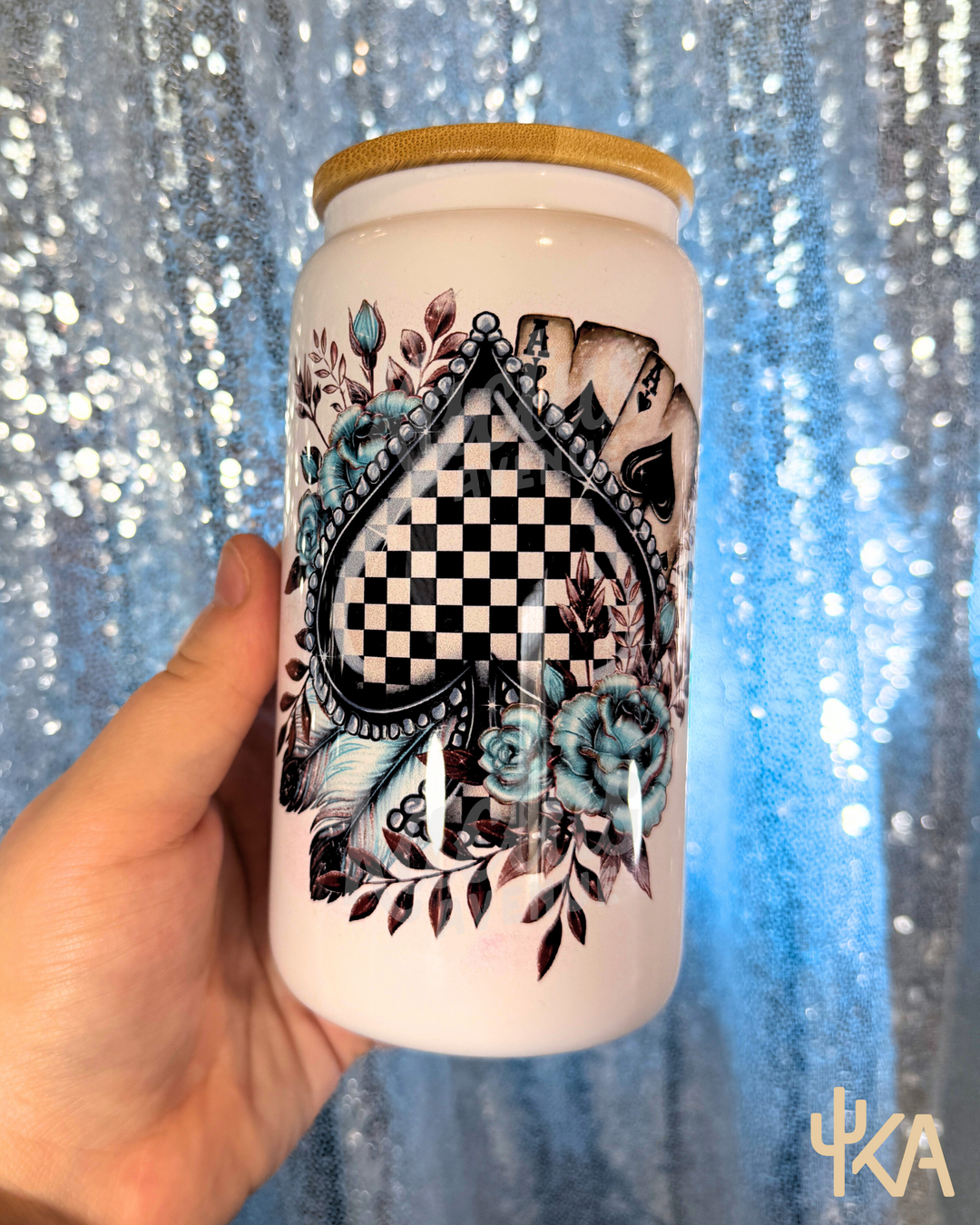 Checkered Spade White Glass Can