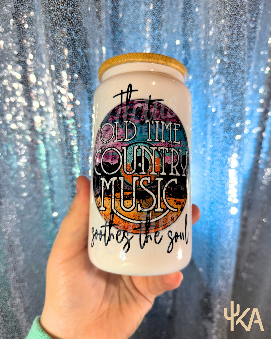 Old Time Country Music White Glass Can