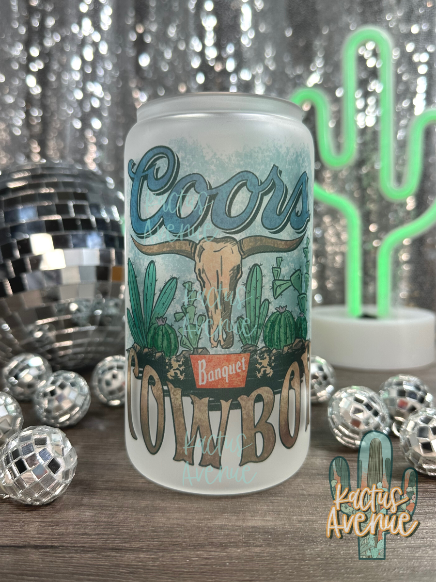 Cowboy Vintage Steerhead Frosted Glass Can