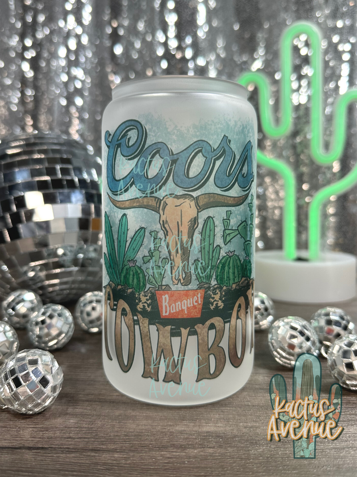 Cowboy Vintage Steerhead Frosted Glass Can