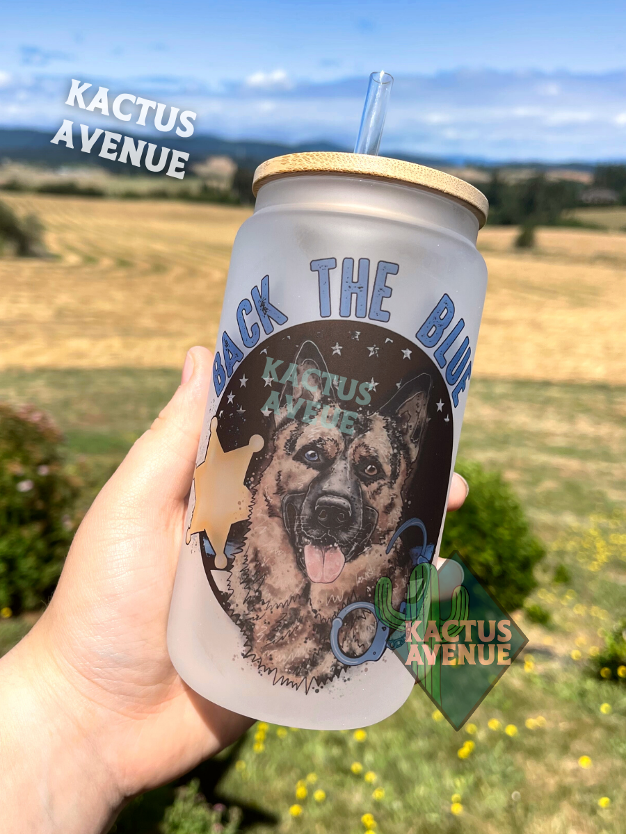 K9 Back the Blue Frosted Glass Can
