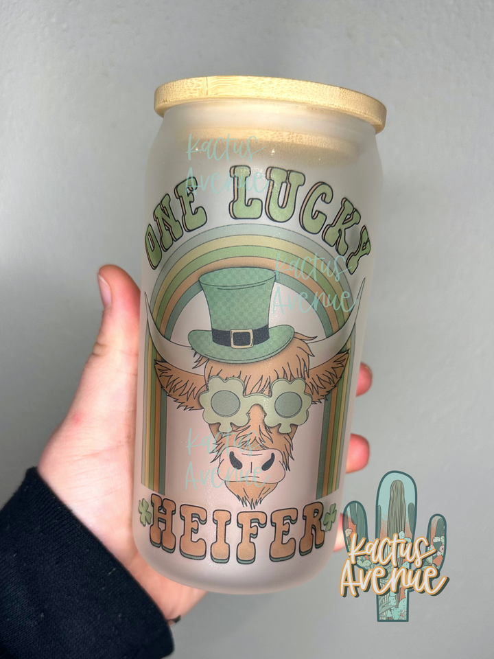 RTS - One Lucky Heifer Frosted Glass Can