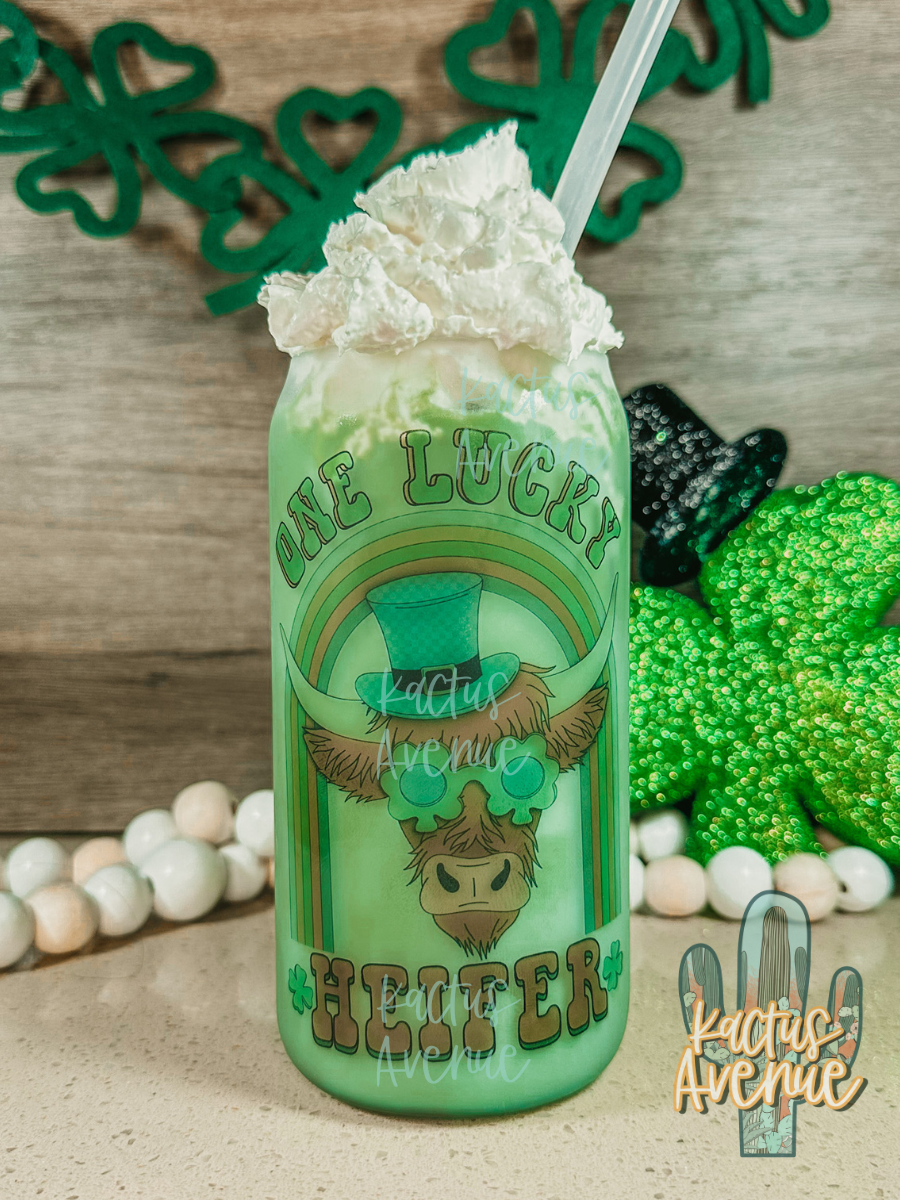 RTS - One Lucky Heifer Frosted Glass Can