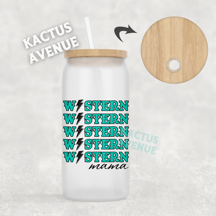 Western Mama Turquoise Bolt Frosted Glass Can