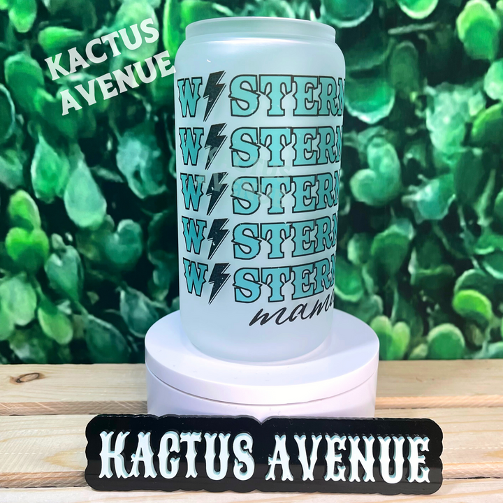 Western Mama Turquoise Bolt Frosted Glass Can