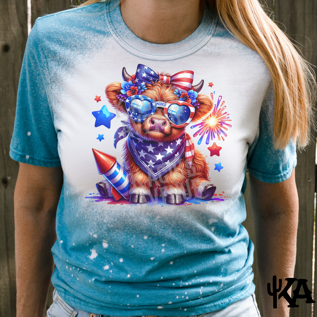 Highland Cow 4th of July Bleached T-Shirt