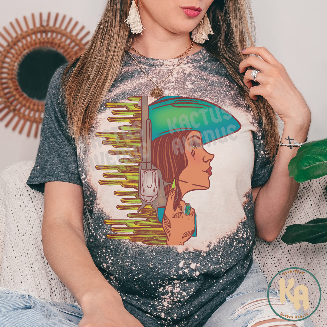 Western Cactus Cowgirl Bleached T-Shirt