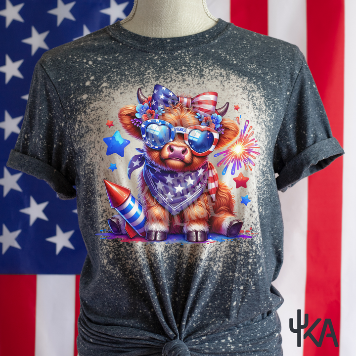 Highland Cow 4th of July Bleached T-Shirt