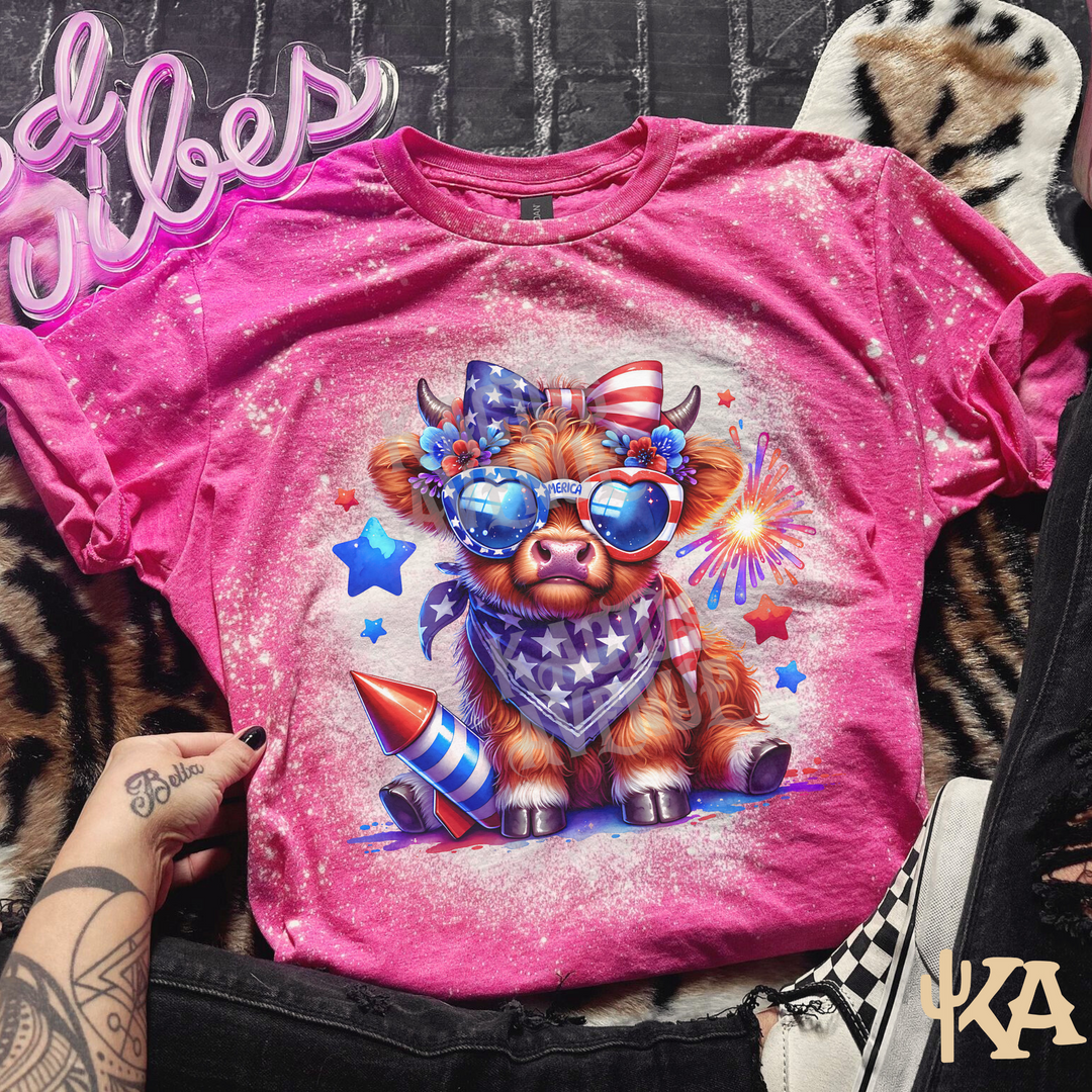 Highland Cow 4th of July Bleached T-Shirt
