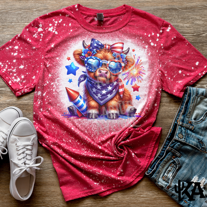 Highland Cow 4th of July Bleached T-Shirt