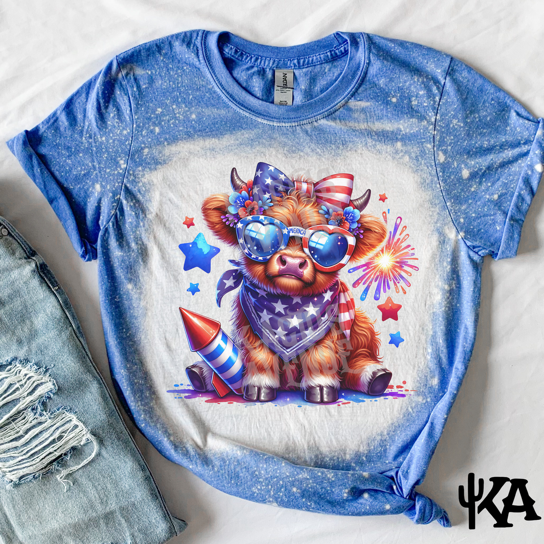 Highland Cow 4th of July Bleached T-Shirt