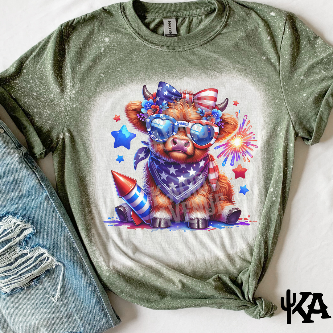 Highland Cow 4th of July Bleached T-Shirt