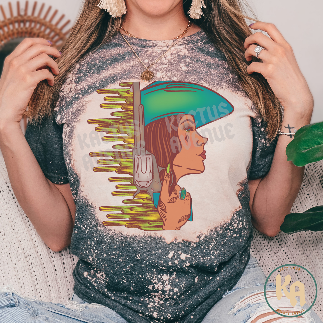 Western Cactus Cowgirl Bleached T-Shirt