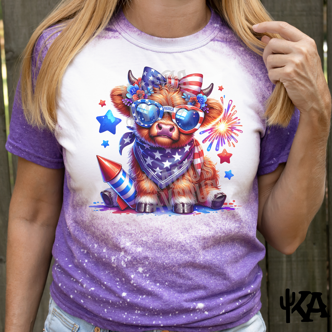 Highland Cow 4th of July Bleached T-Shirt