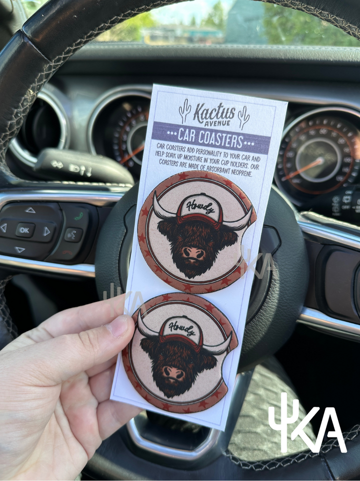 Howdy Highland Cow Car Coasters