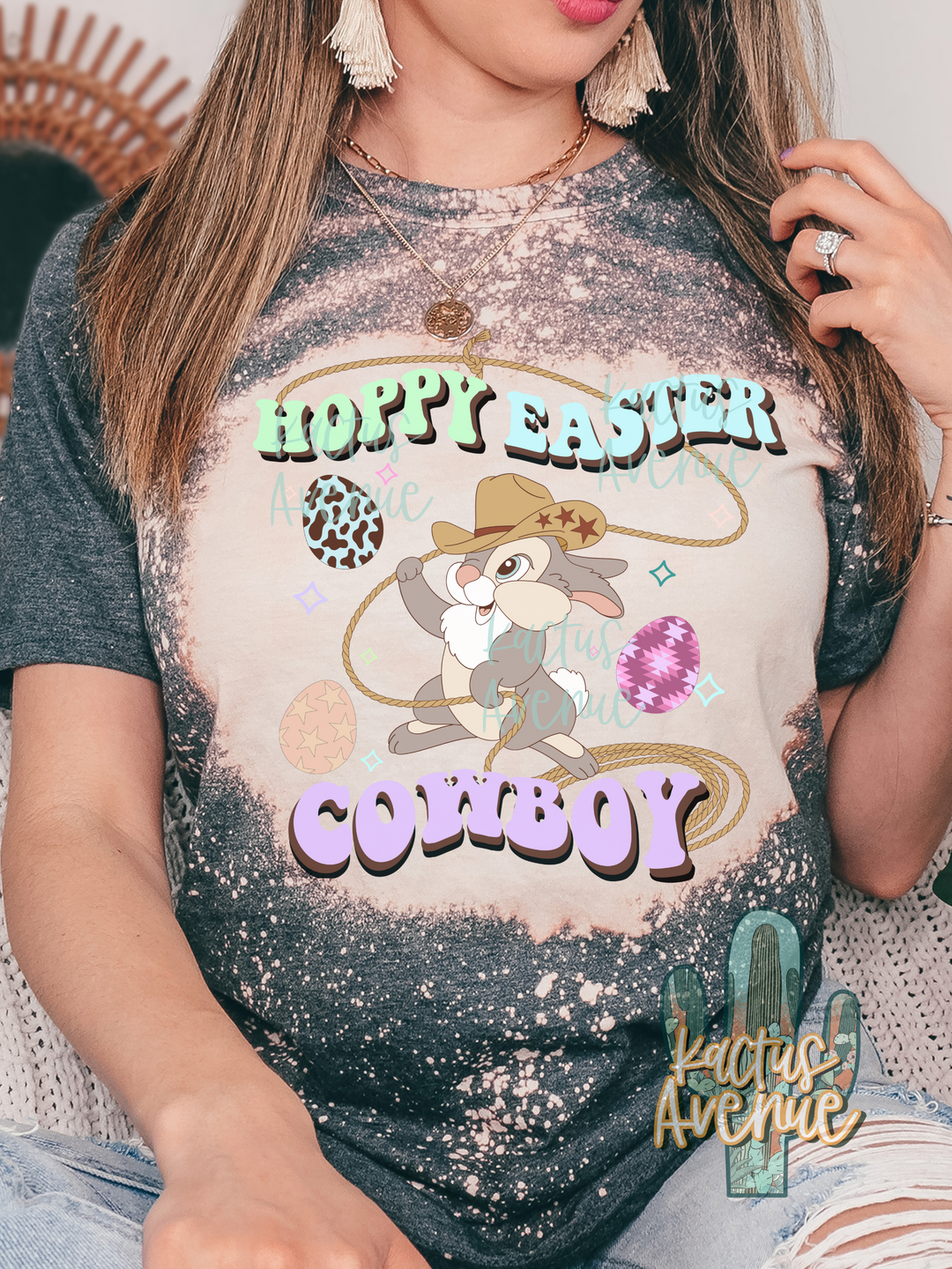 Hoppy Easter Cowboy Bleached T-Shirt (KA Original Design)