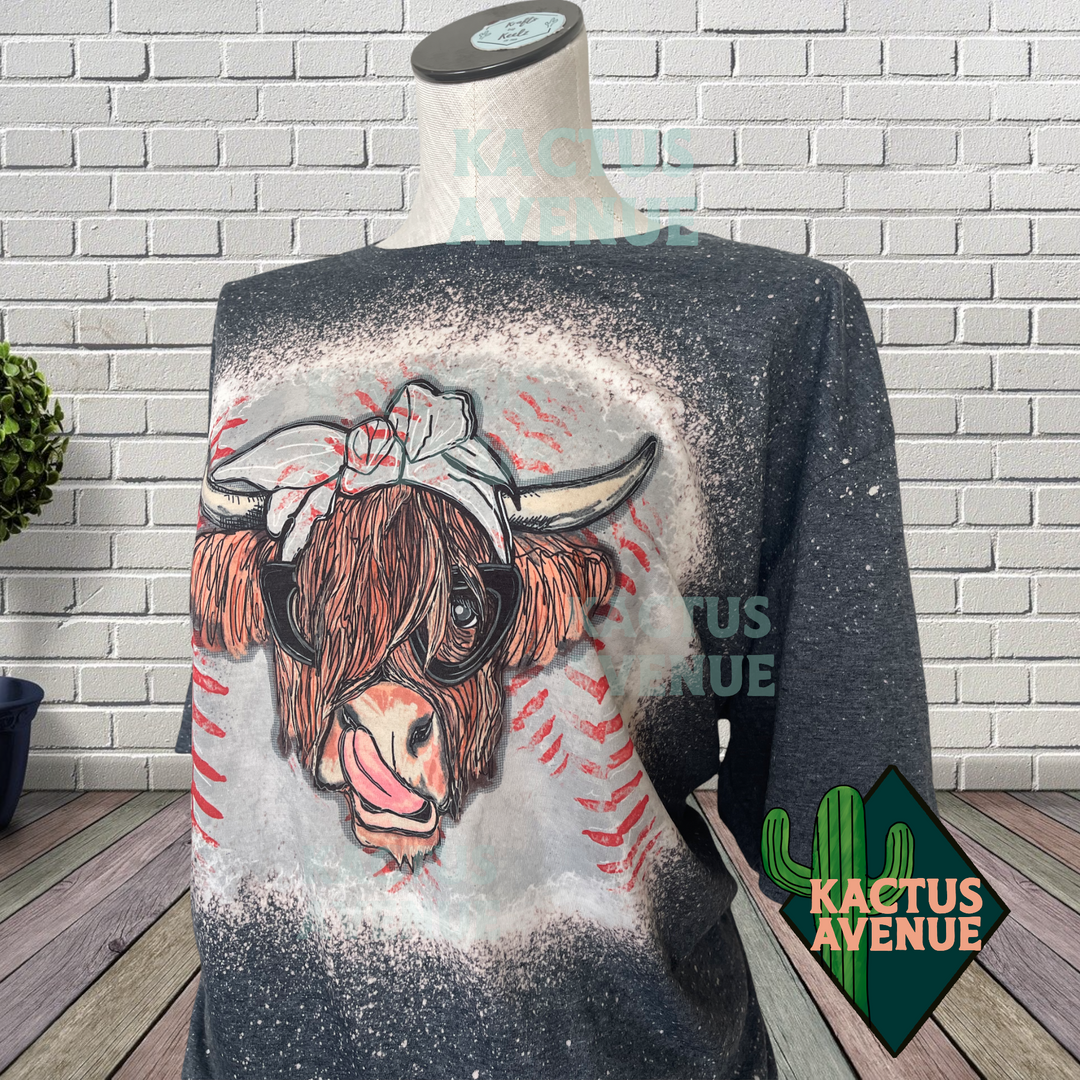 RTS - Highland Cow Baseball Bleached T-Shirt