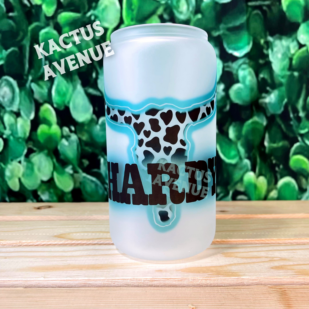 Teal Cowprint Neon Steerhead Frosted Glass Can