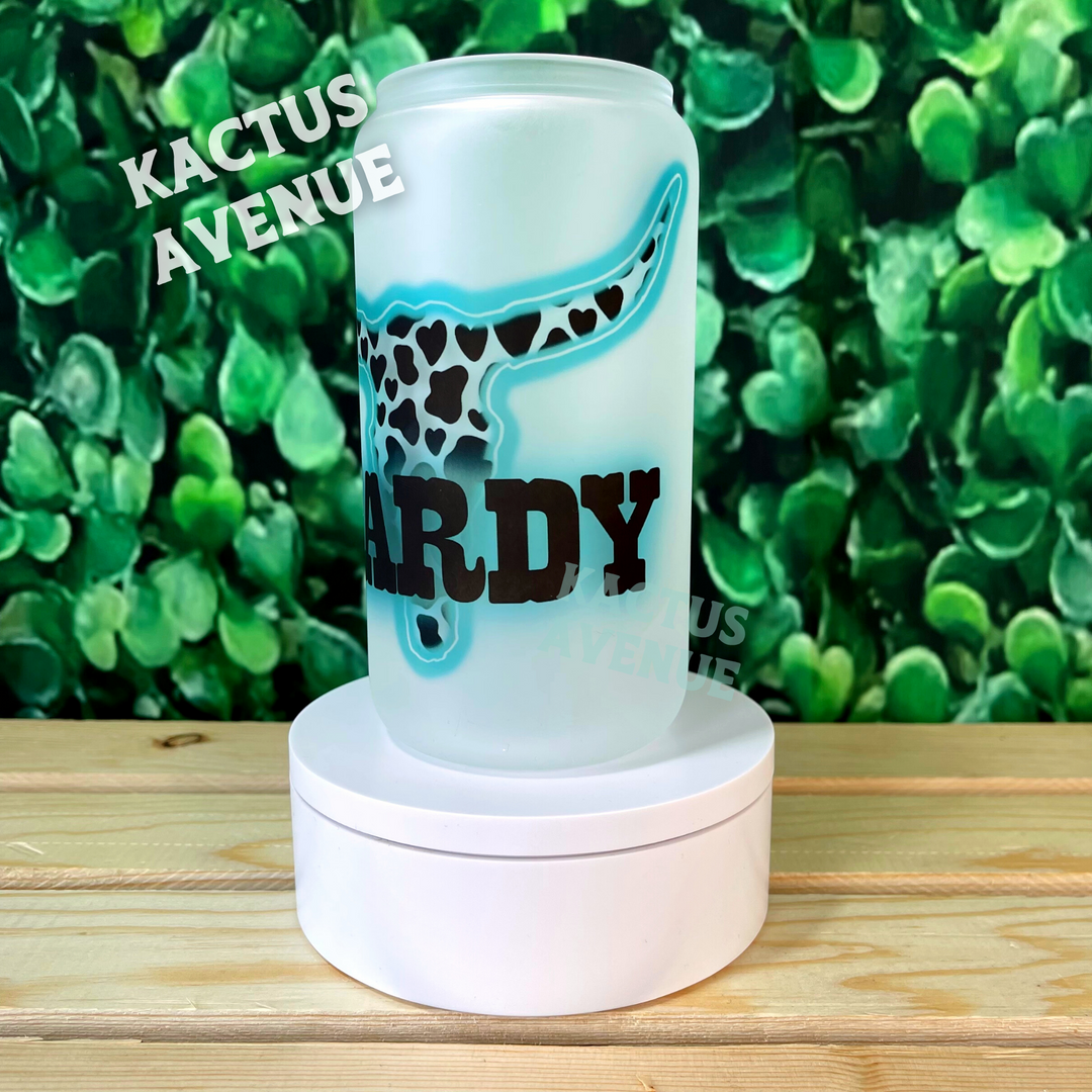 Teal Cowprint Neon Steerhead Frosted Glass Can