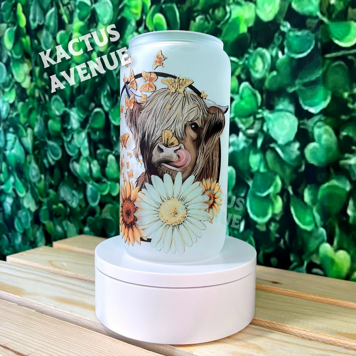Floral Highland Cow Frosted Glass Can