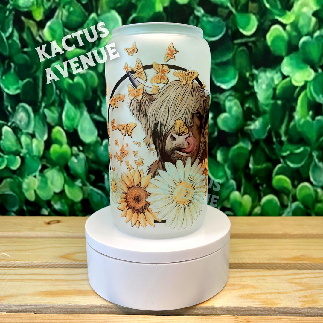 Floral Highland Cow Frosted Glass Can