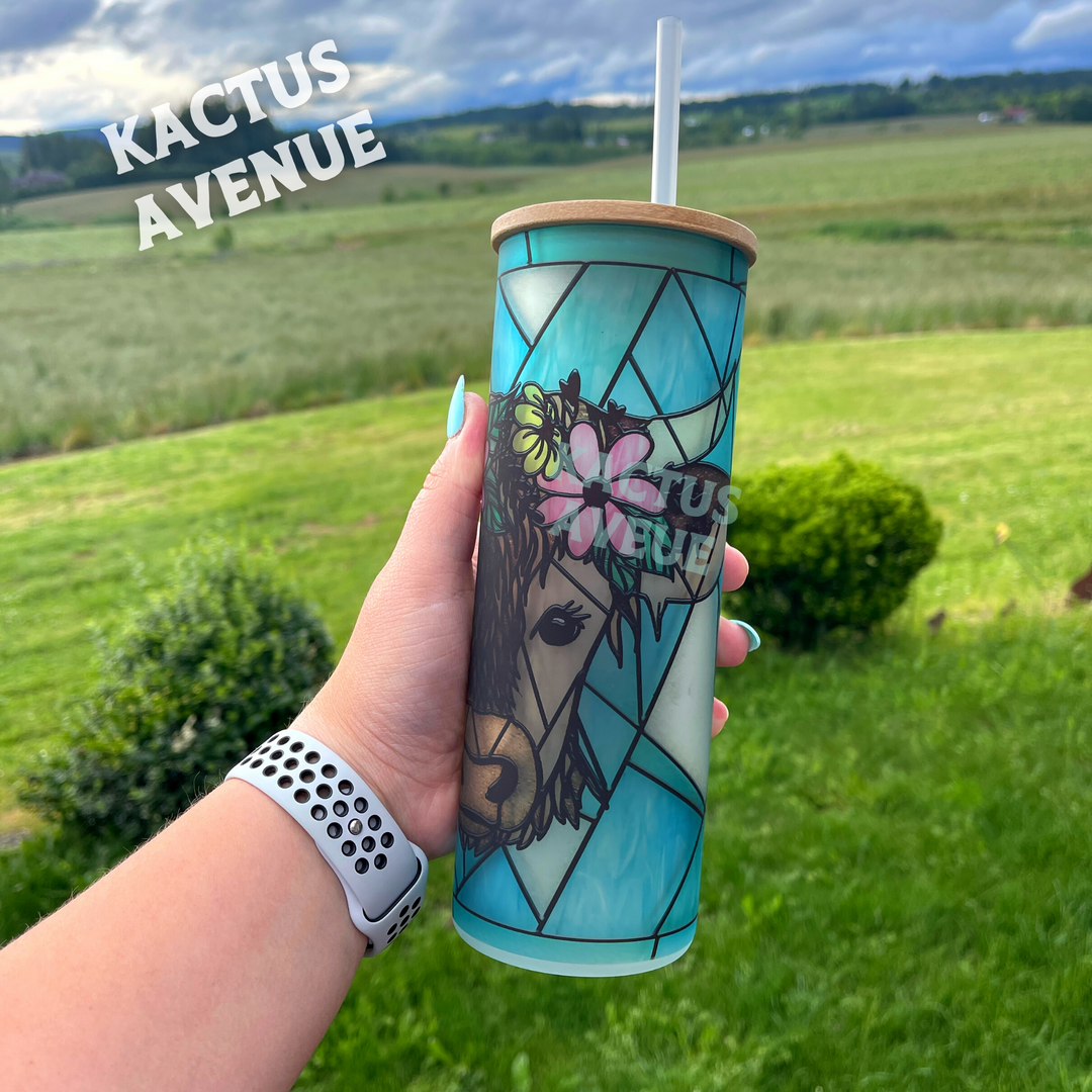 Teal Highland Cow Stained Glass Effect Frosted Tumbler