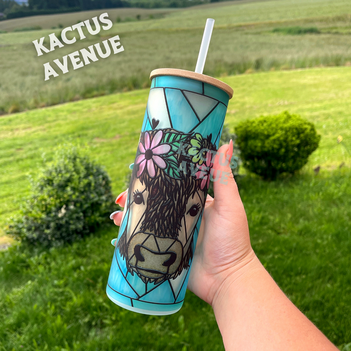 Teal Highland Cow Stained Glass Effect Frosted Tumbler