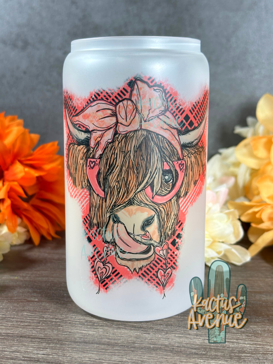 Valentine Highland Cow Frosted Glass Can