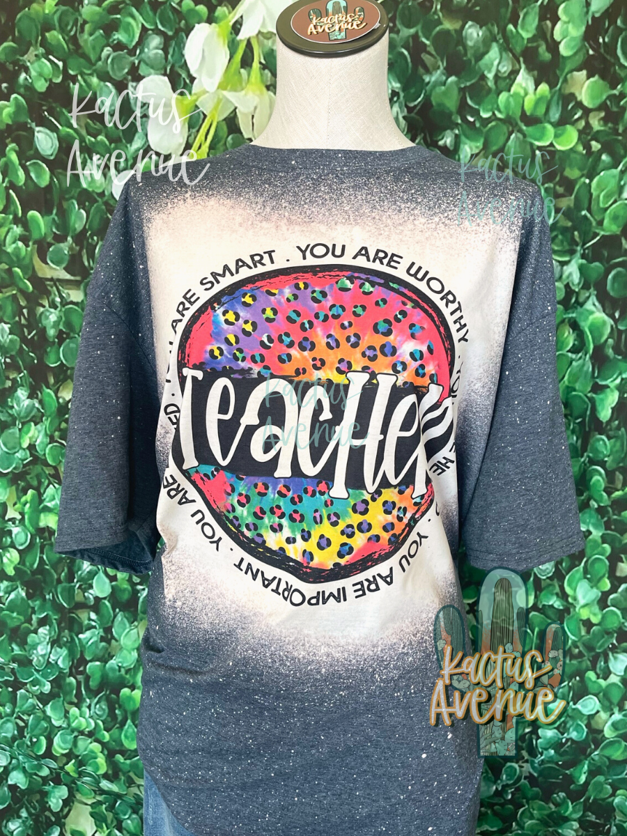 Colorful Leopard Teacher Bleached T-Shirt
