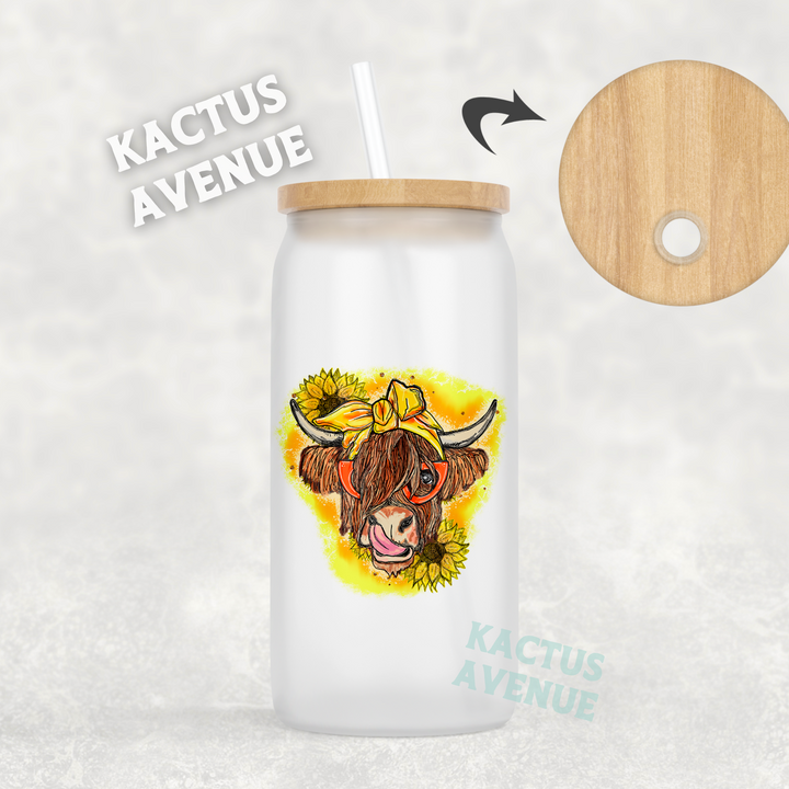 Sunflower Highland Cow Frosted Glass Can