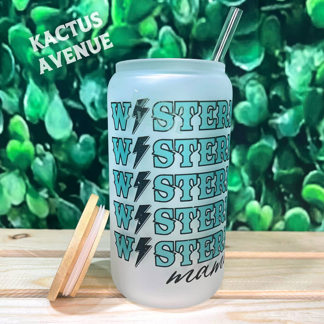 Western Mama Turquoise Bolt Frosted Glass Can