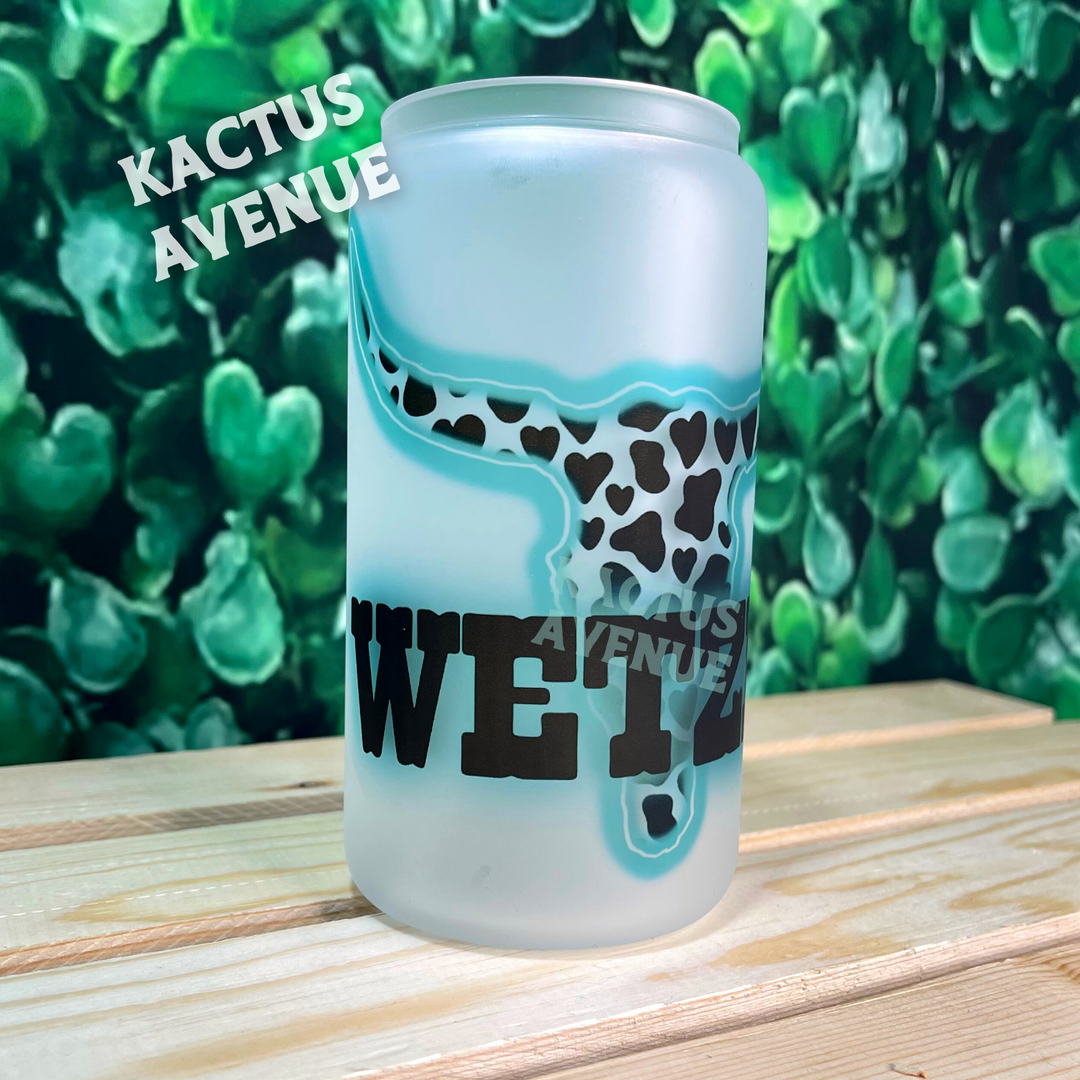 Cowprint Neon Steerhead Frosted Glass Can