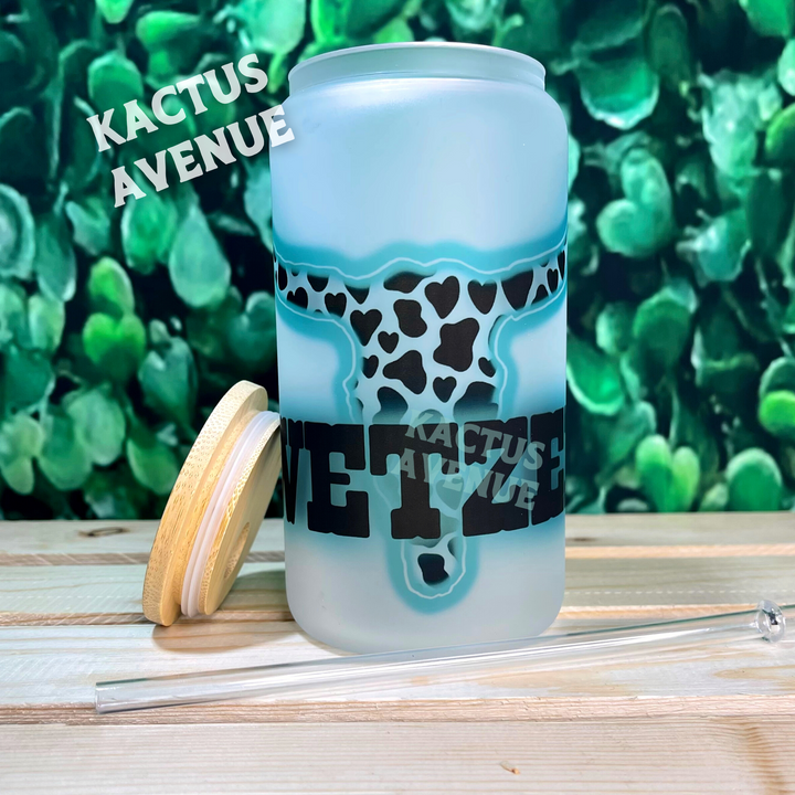 Cowprint Neon Steerhead Frosted Glass Can