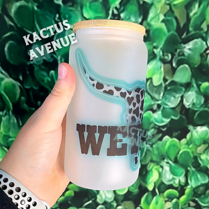 Cowprint Neon Steerhead Frosted Glass Can